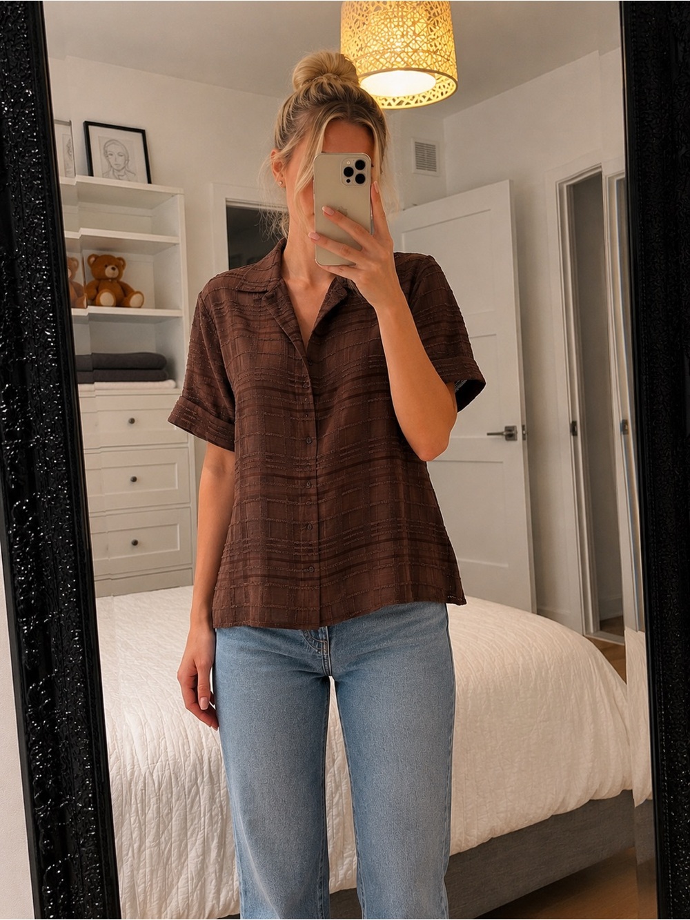 Puli Brown Textured Short-Sleeve Button Down Shirt